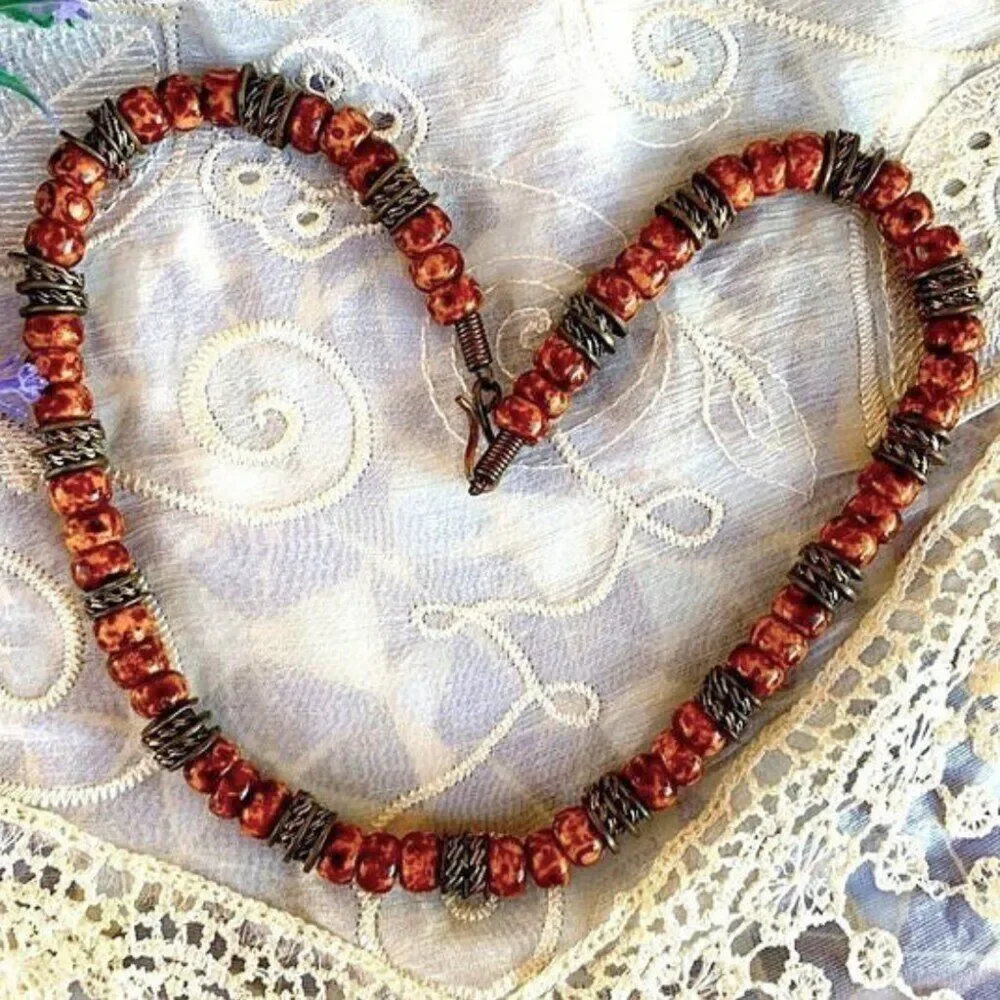 GORGEOUS VTG Solid Brass & Ceramic Bead Necklace